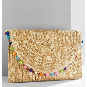 Straw Pom Pom Clutch Summer Bohemian